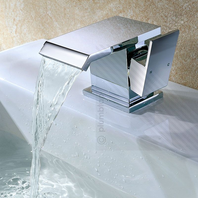 Premium Modern Square Waterfall Bathroom Mono Brass Basin Mixer Tap In